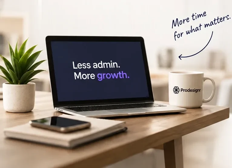 A laptop reading “Less admin. More growth.” beside a Prodesignr mug on a desk
